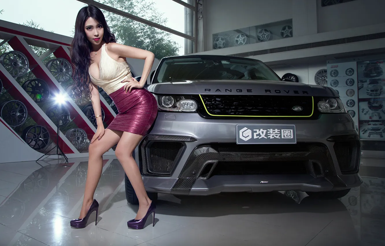 Photo wallpaper auto, look, girl, Range Rover, Asian, beautiful girl, posing on the car