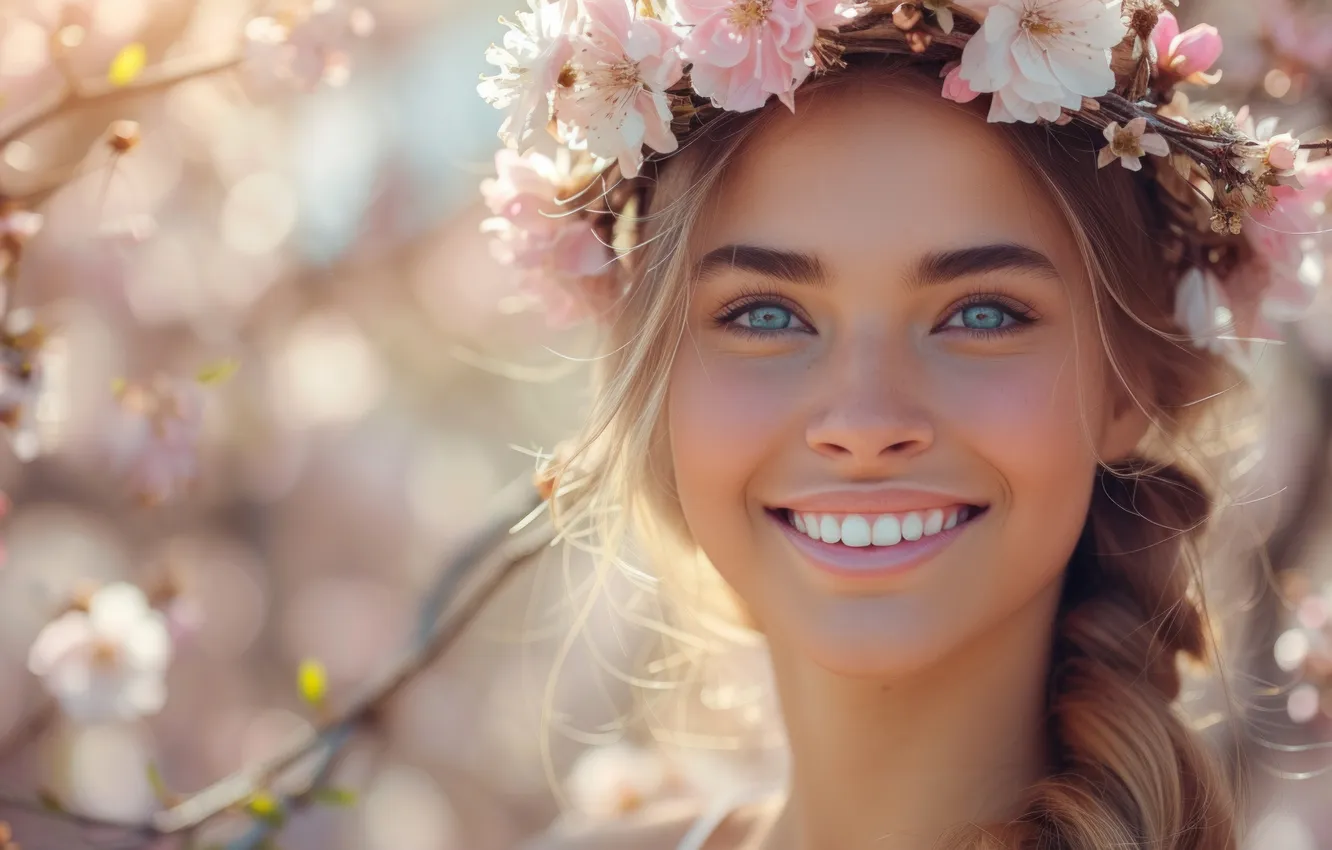 Photo wallpaper look, girl, light, flowers, face, smile, portrait, spring