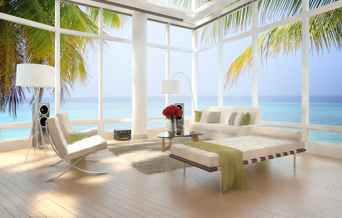 Photo wallpaper design, palm trees, bed, interior, modern, chair, apartment, design