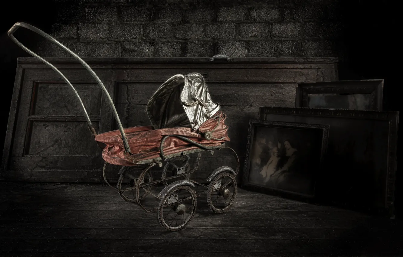 Photo wallpaper background, stroller, attic