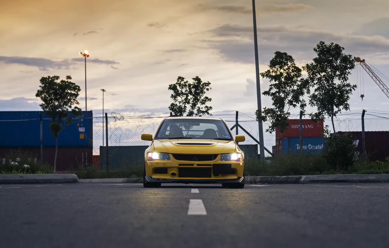 Photo wallpaper Yellow, Lancer Evolution IX, Front view