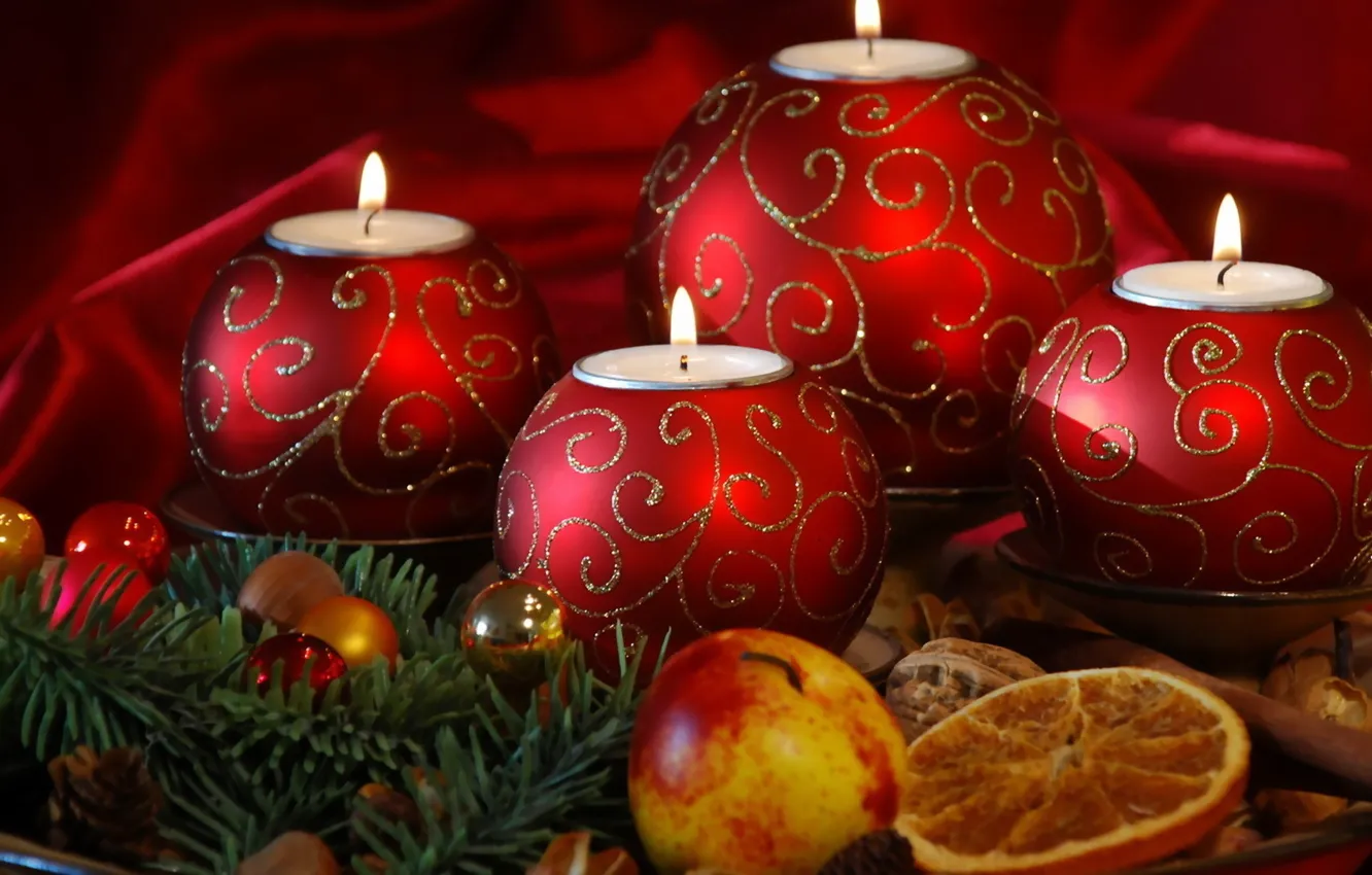 Photo wallpaper holiday, balls, new year, Apple, orange, Christmas, candles, christmas