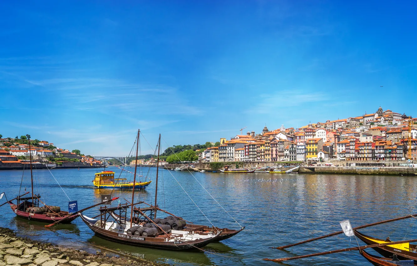 Photo wallpaper the sky, the sun, river, boat, home, port, Portugal