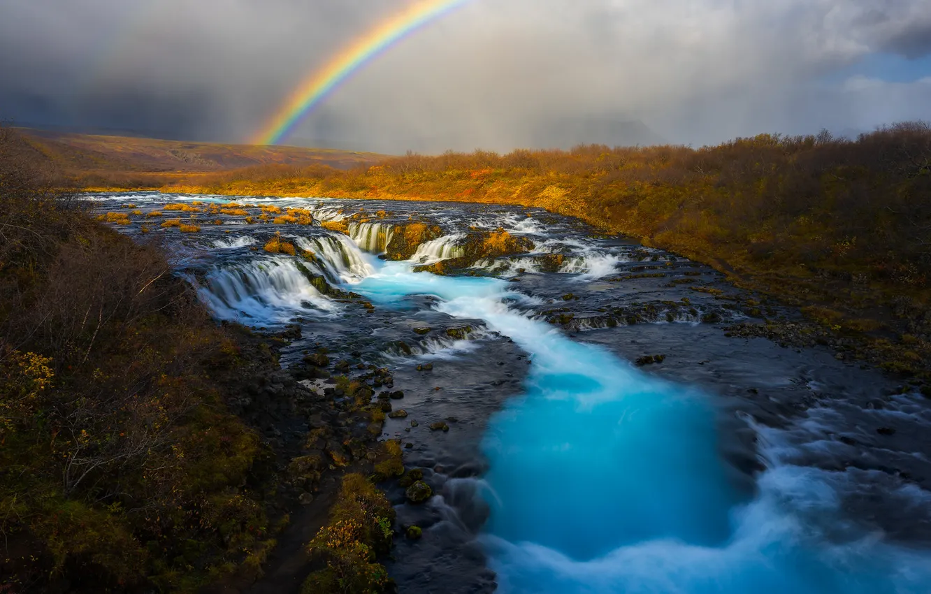Photo wallpaper autumn, rocks, waterfall, rainbow, the bushes