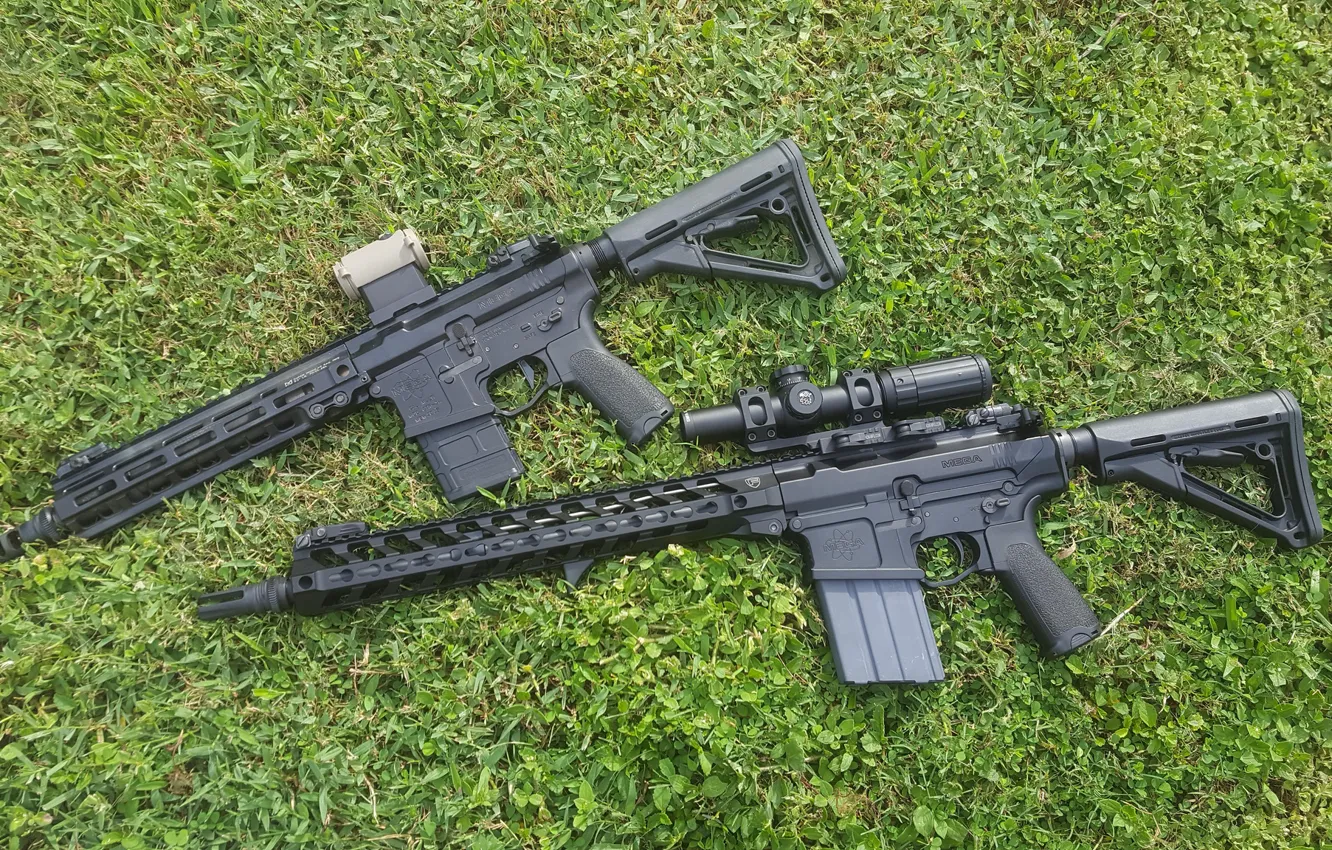 Photo wallpaper grass, weapons, optics, assault rifles