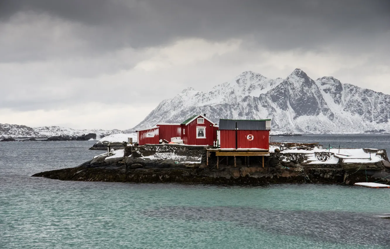 Photo wallpaper sea, mountains, home, Norway, Svolvær
