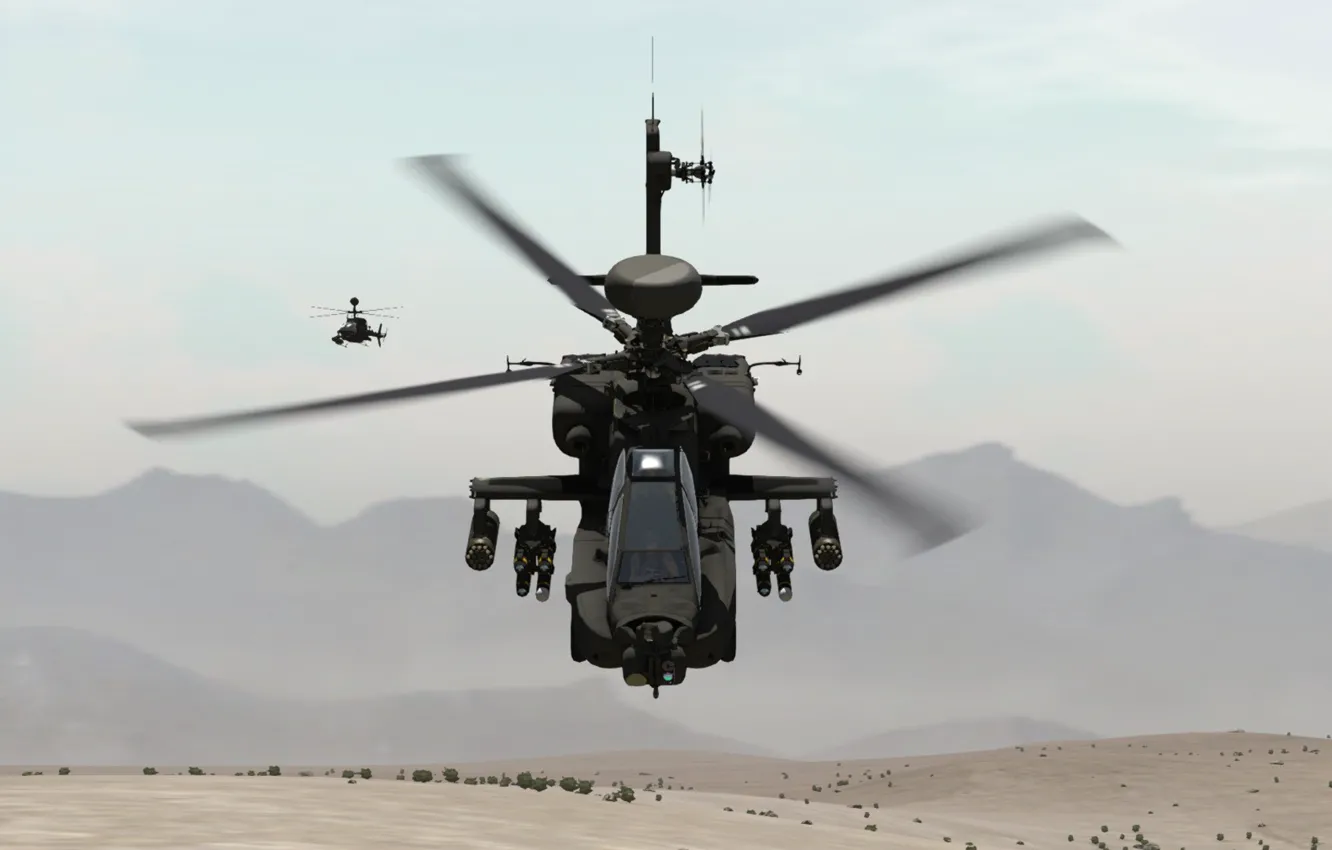 Photo wallpaper sand, mountains, pair, flight, helicopter, shock, intelligence, OH-58 Kiowa