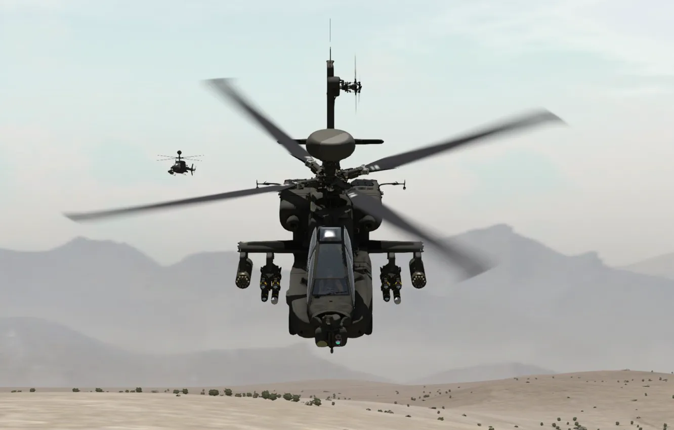 Photo wallpaper sand, flight, mountains, pair, helicopter, shock, intelligence, OH-58 Kiowa