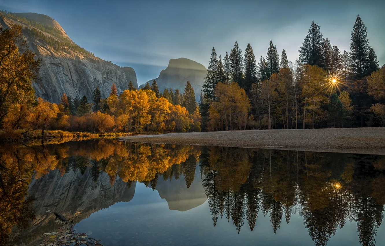 Photo wallpaper autumn, the sun, rays, landscape, mountains, nature, lake, reflection