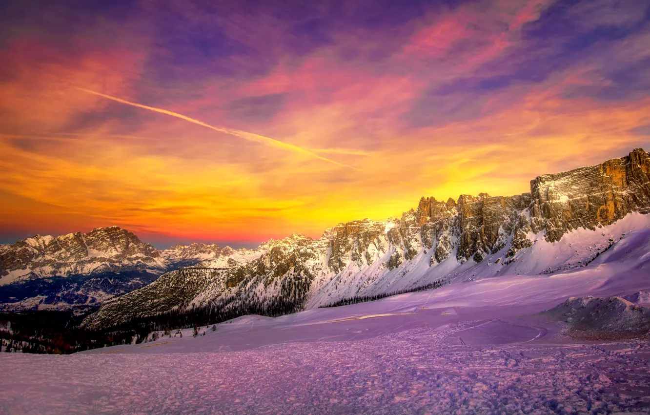 Photo wallpaper winter, forest, the sky, clouds, light, snow, sunset, rocks