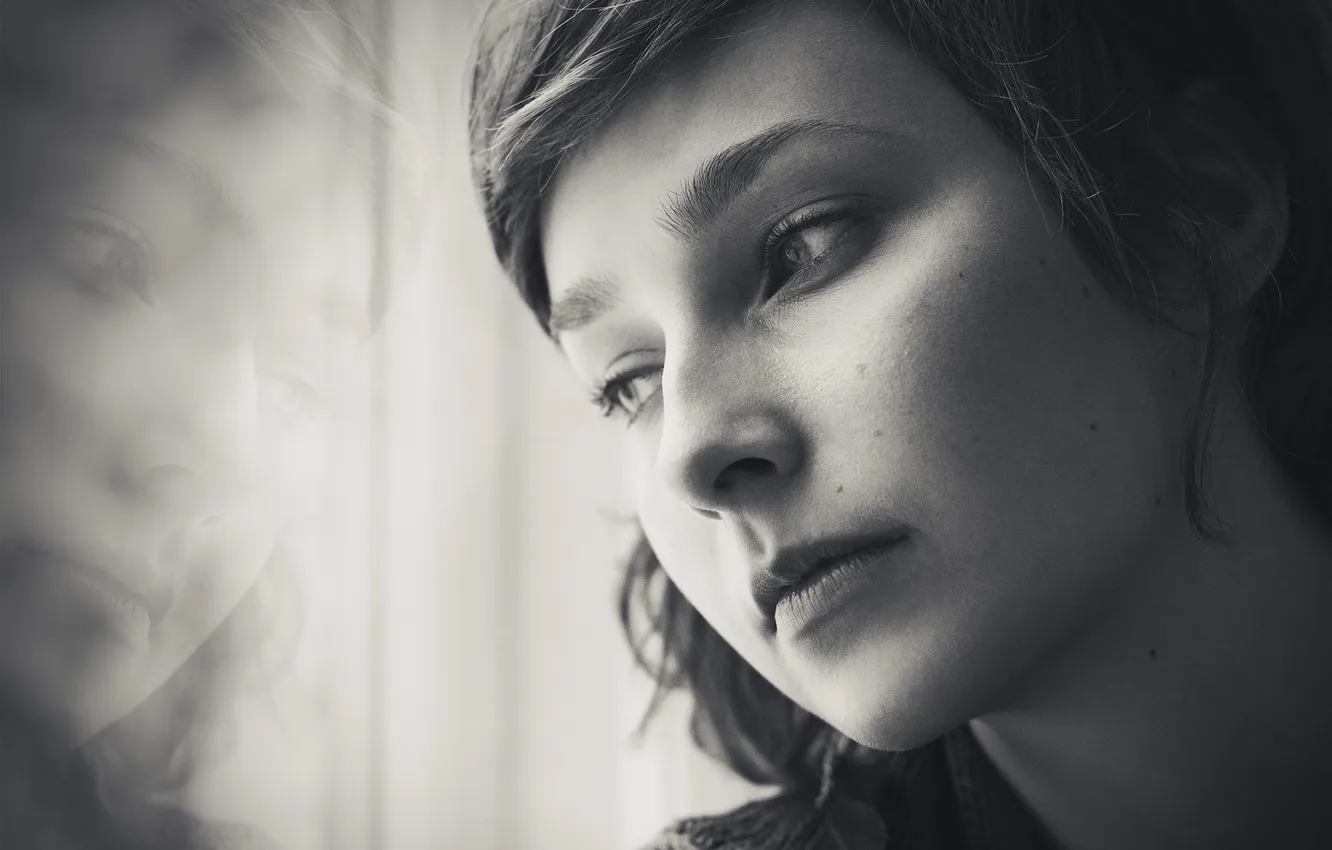 Photo wallpaper glass, girl, reverie, reflection