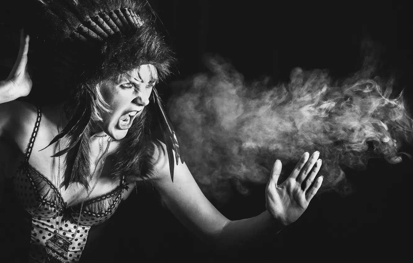 Photo wallpaper look, girl, face, smoke, feathers, Creek