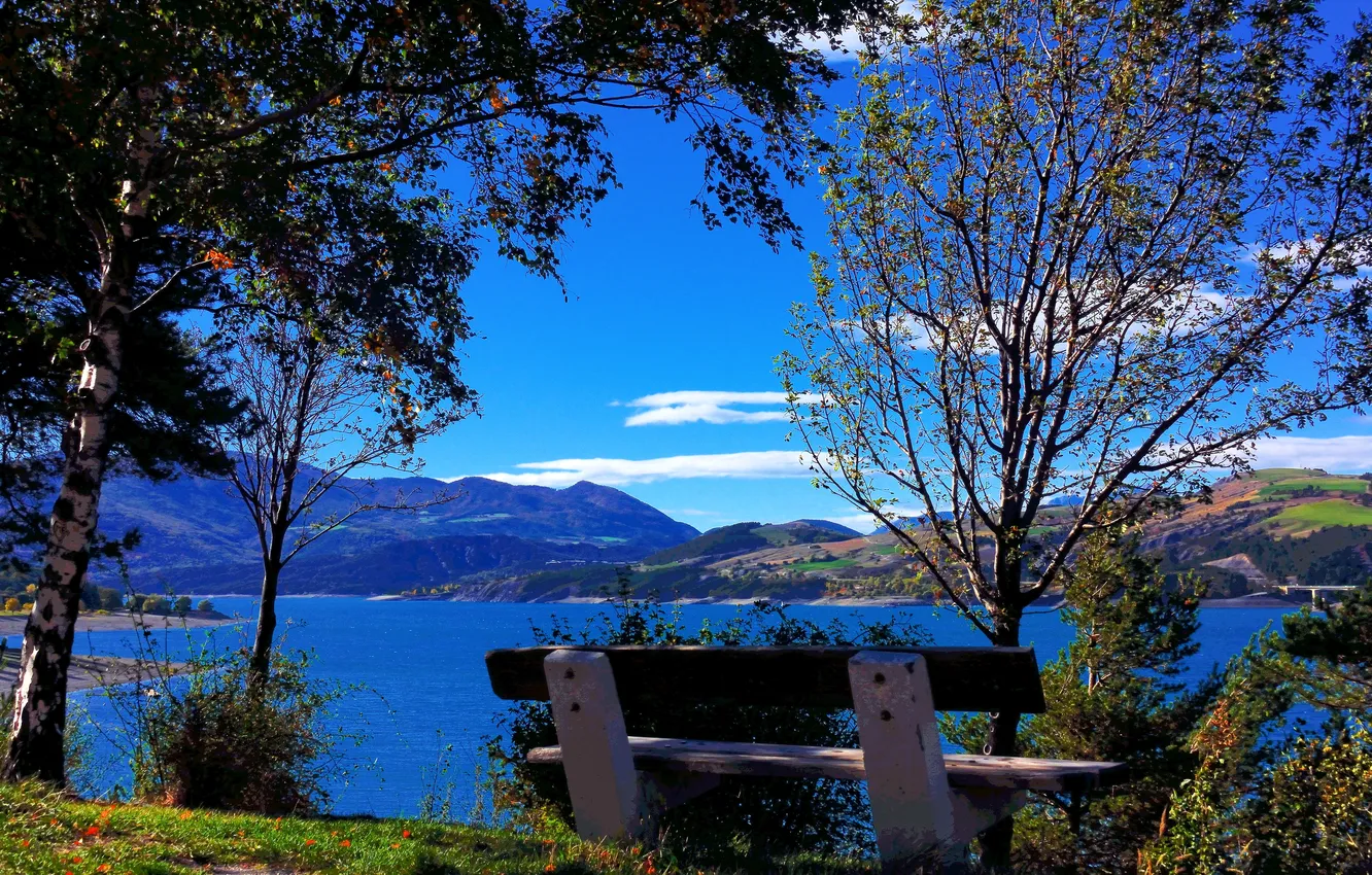 Photo wallpaper trees, bench, river, shore, France, Savines le Lac