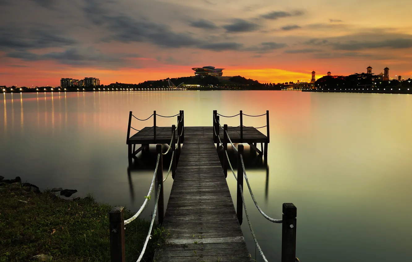 Photo wallpaper sunset, the city, lights, calm, Marina, Bay, Malaysia, Putrajaya