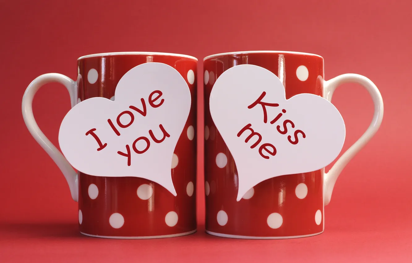 Photo wallpaper love, romance, mug, hearts, red, love, i love you, Kiss me