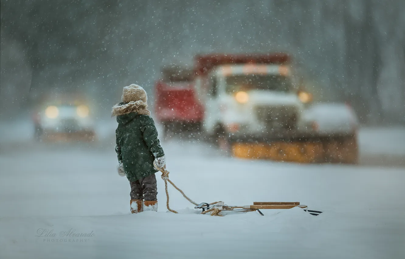 Photo wallpaper winter, boy, sled