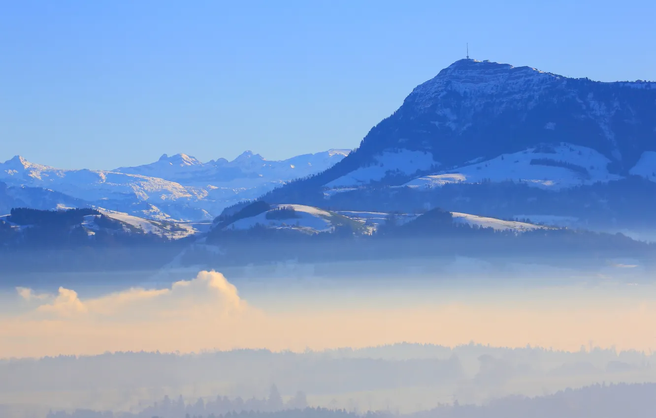 Photo wallpaper forest, the sky, mountains, fog, valley