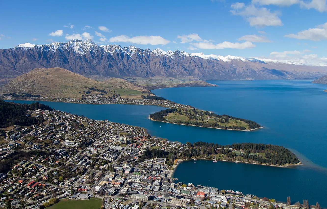 Photo wallpaper the sky, snow, mountains, the city, lake, panorama, Cape, the Peninsula