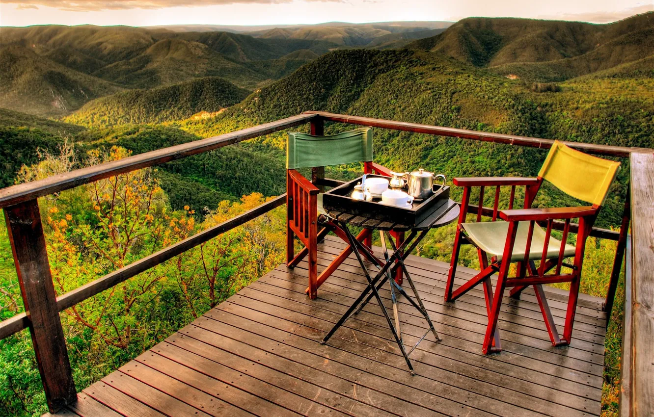 Photo wallpaper panorama, mountains, view, morning, romantic, early, breakfast, tea