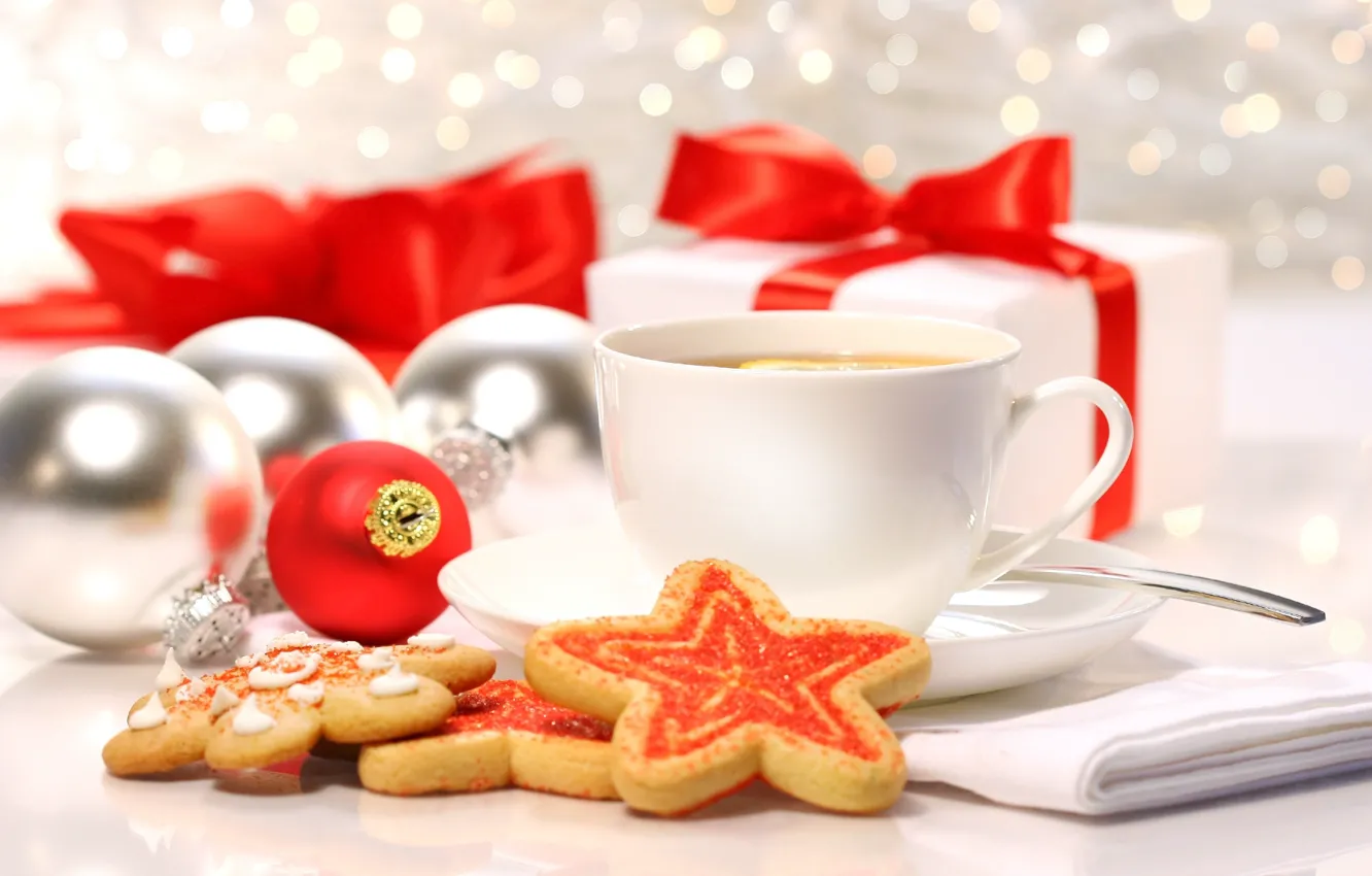 Photo wallpaper winter, balls, lemon, tea, toys, cookies, Cup, gifts