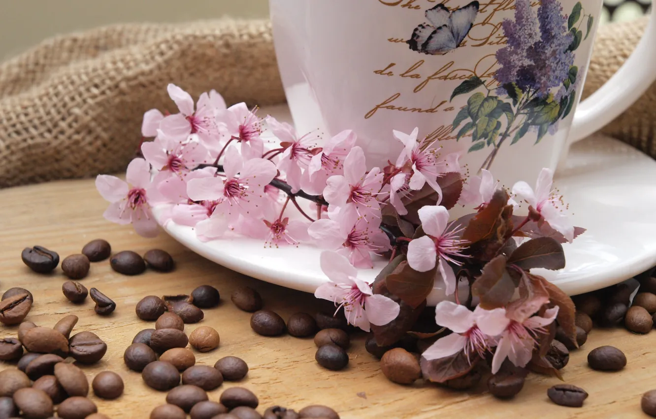 Photo wallpaper flowers, coffee, branch, Cup, fabric, burlap, saucer, grain