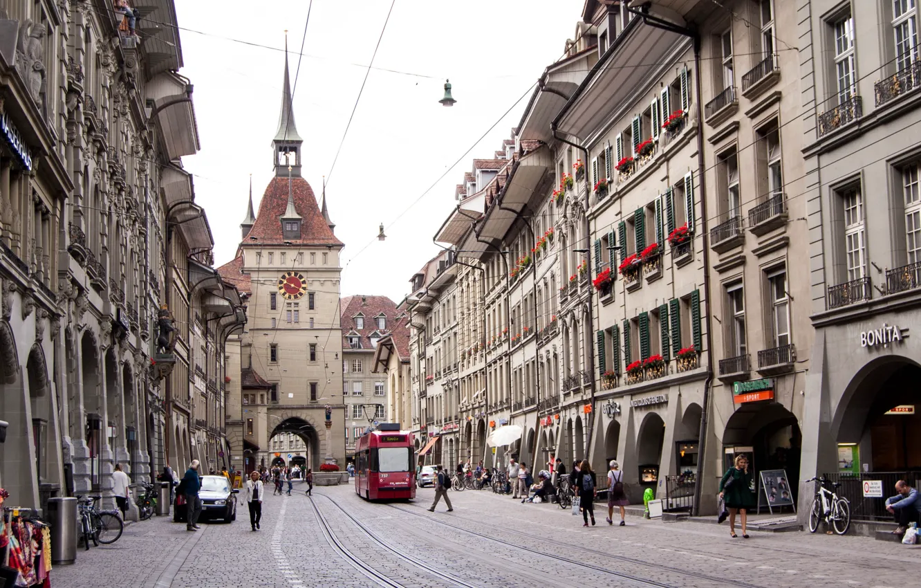Photo wallpaper the city, the way, street, watch, arch, tram, the dome, spire