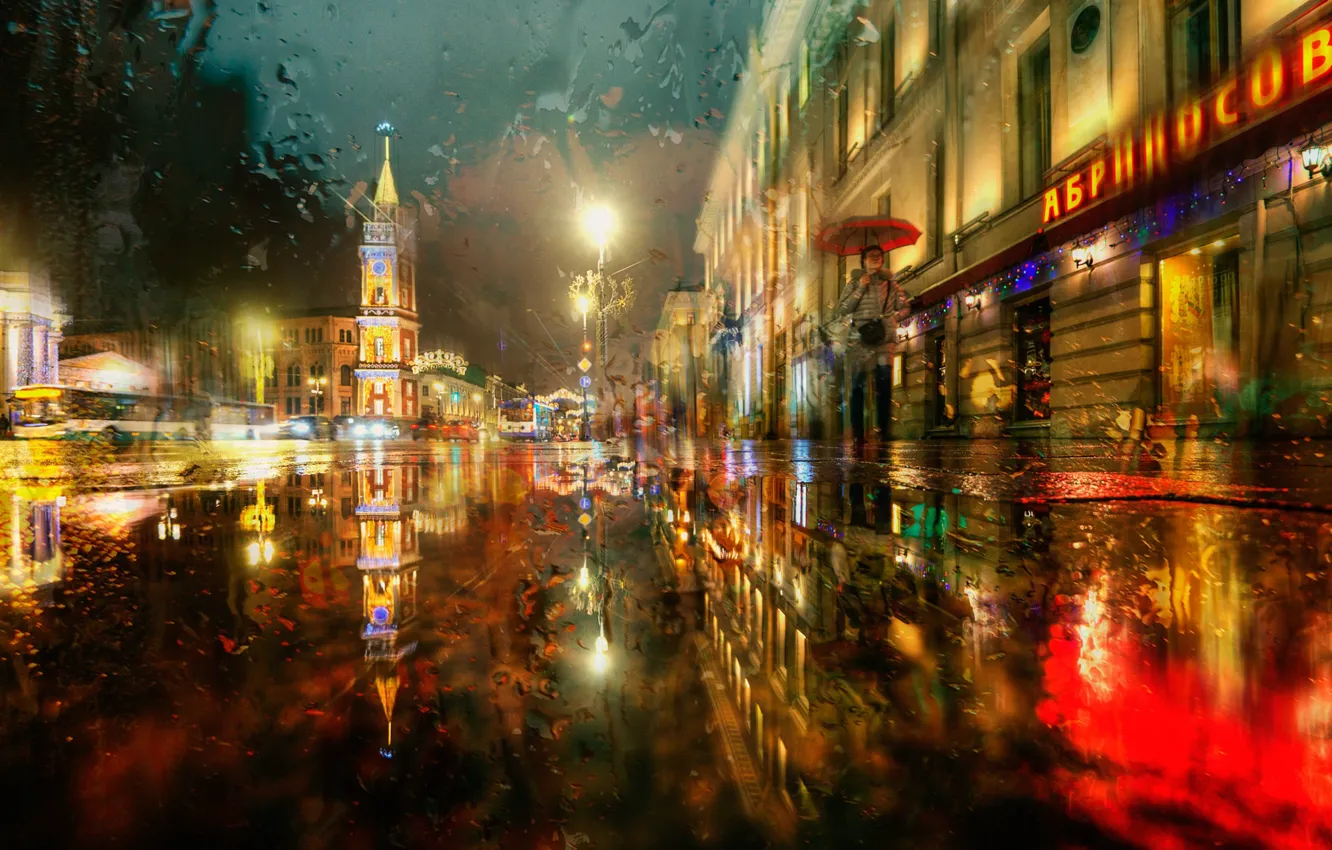 Photo wallpaper winter, road, the city, rain, street, building, the evening, lighting