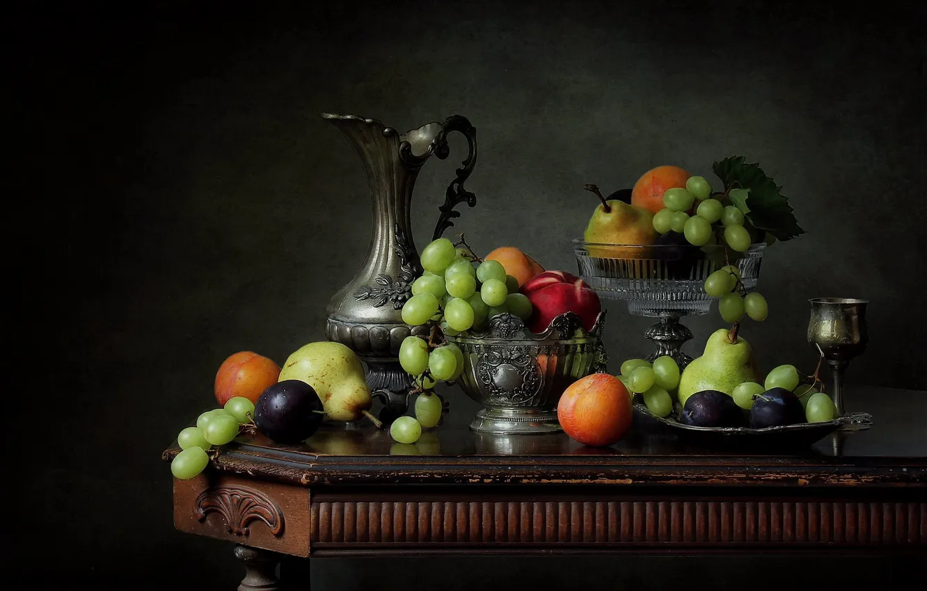 Photo wallpaper style, background, grapes, pitcher, fruit, still life, plum, pear