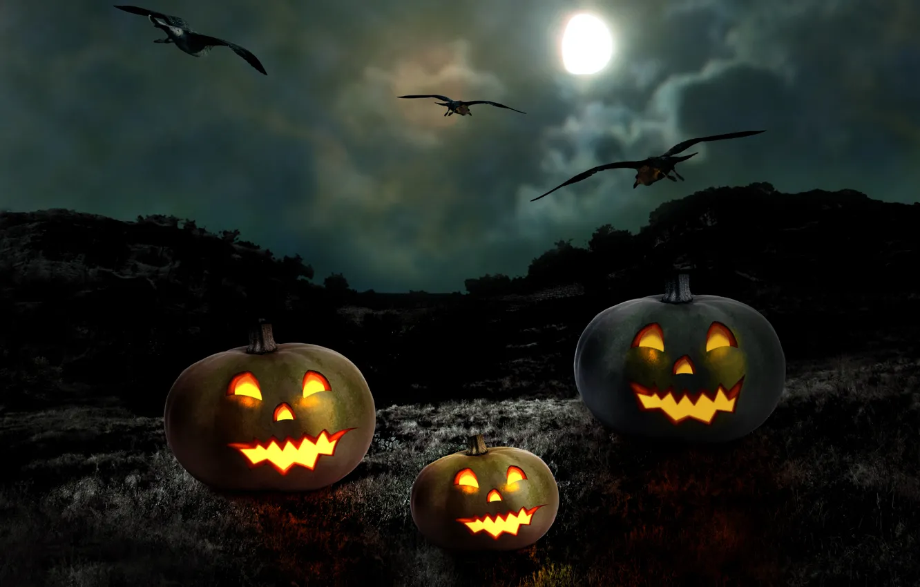 Photo wallpaper night, Halloween, pumpkin, moon, Halloween, the full moon, night, holiday