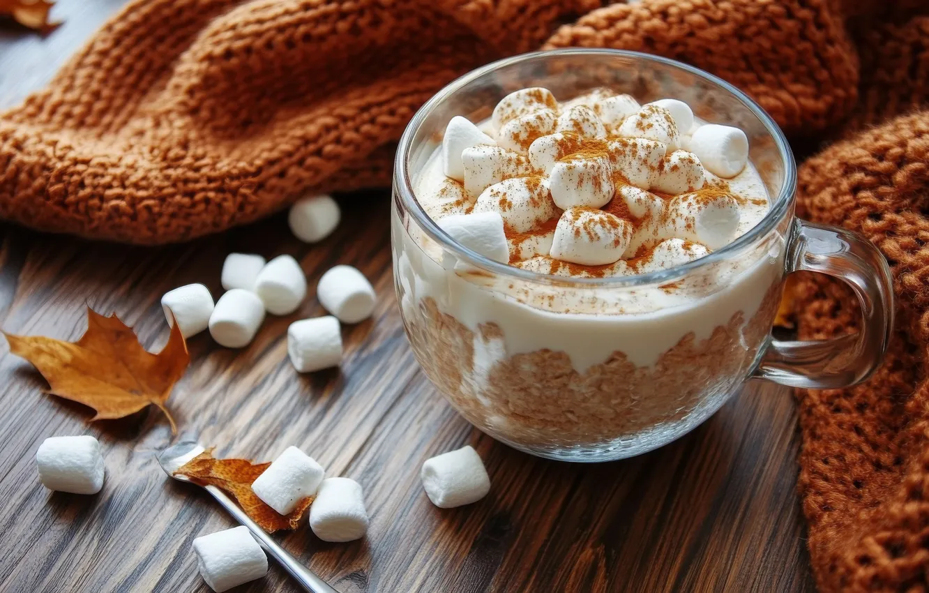 Photo wallpaper autumn, Cup, marshmallows, AI art, neural network