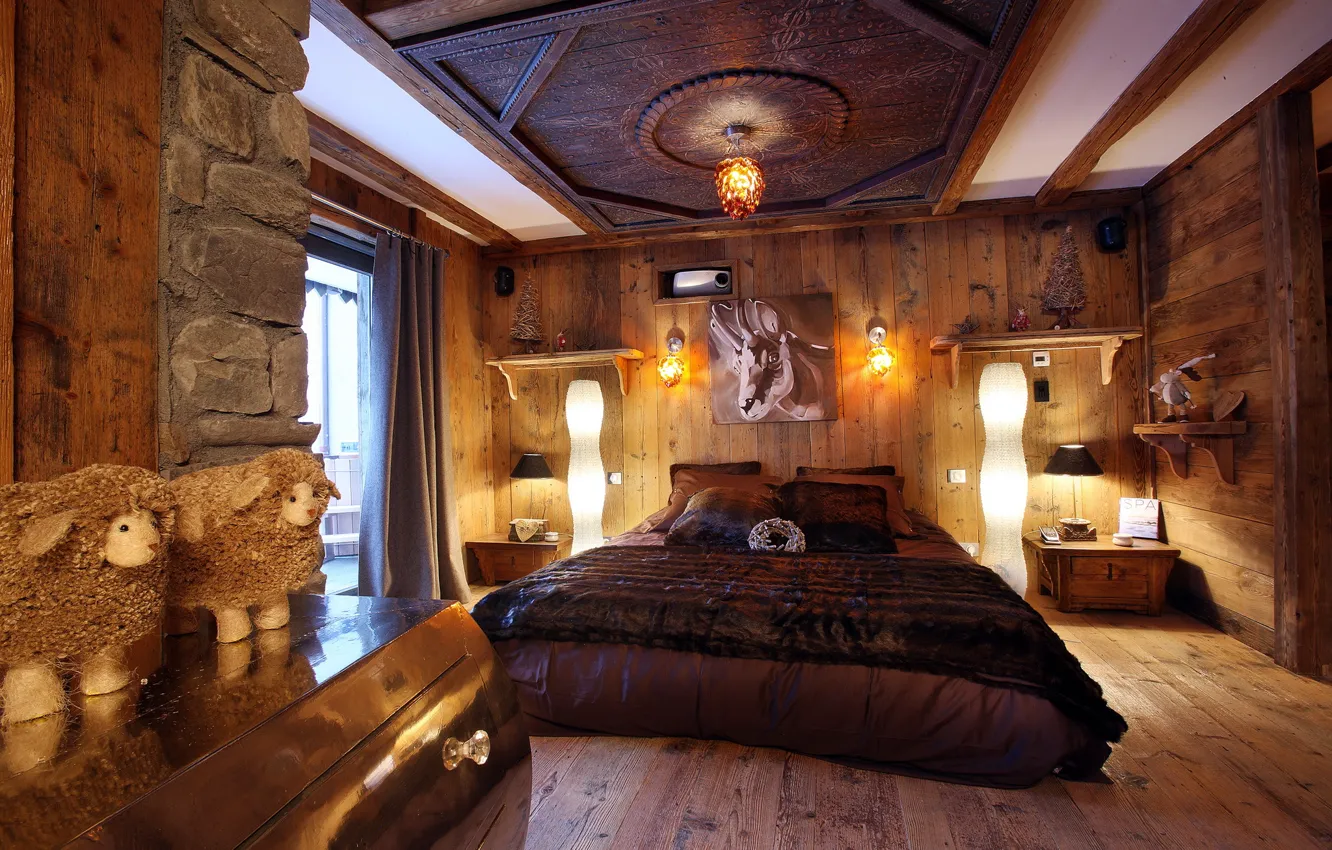 Photo wallpaper design, photo, room, bed, interior, the ceiling, wooden, bedroom