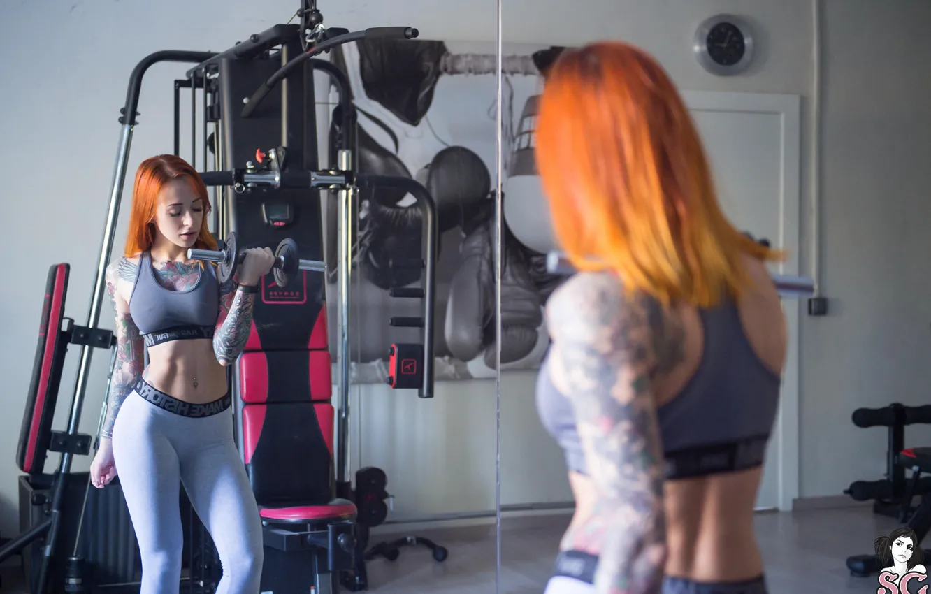 Photo wallpaper model, tattoo, women, redhead, reflection, mirror, fitness model, Suicide Girls