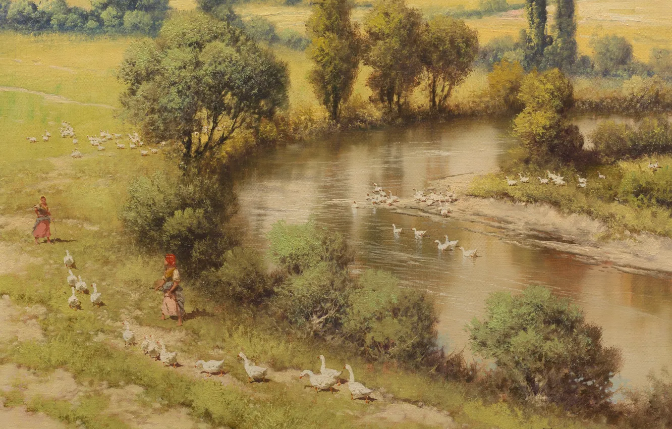 Photo wallpaper Laszlo Neogrady, River landscape, Hungarian painter, Laszlo Nogradi, Hungarian painter, Riverscape