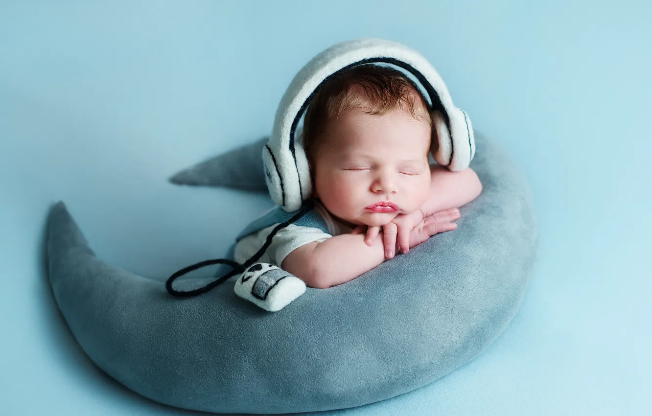 Photo wallpaper sleep, headphones, baby, pillow, child, baby, Crescent, Natalia Mikhailova