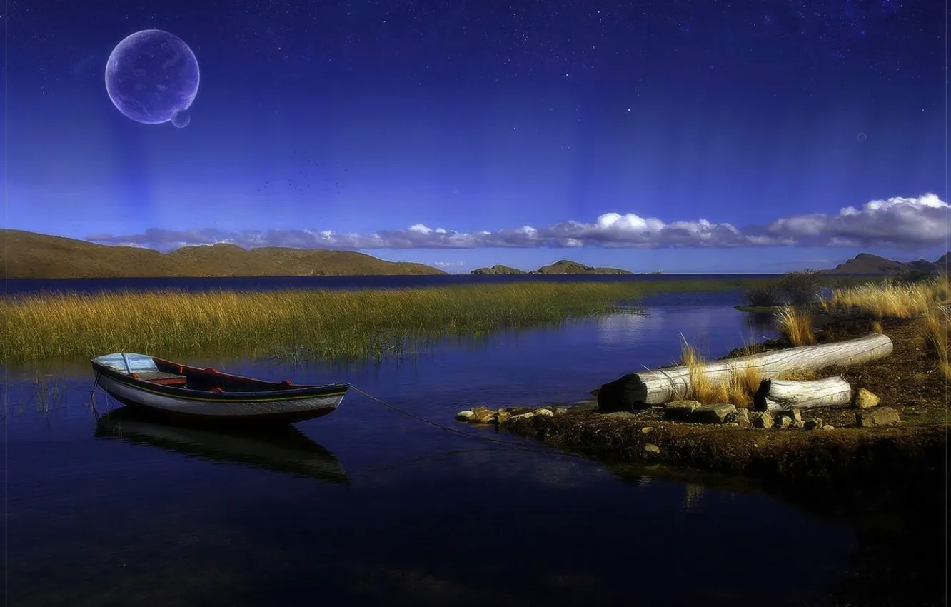 Photo wallpaper lake, the moon, boat