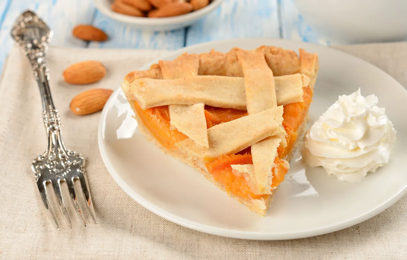 Photo wallpaper food, cream, plate, pie, plug, apricot, dessert, cakes