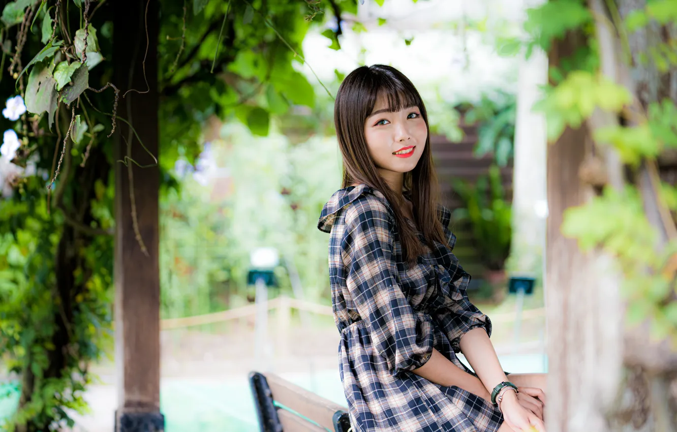 Photo wallpaper look, girl, smile, dress, Asian, cutie