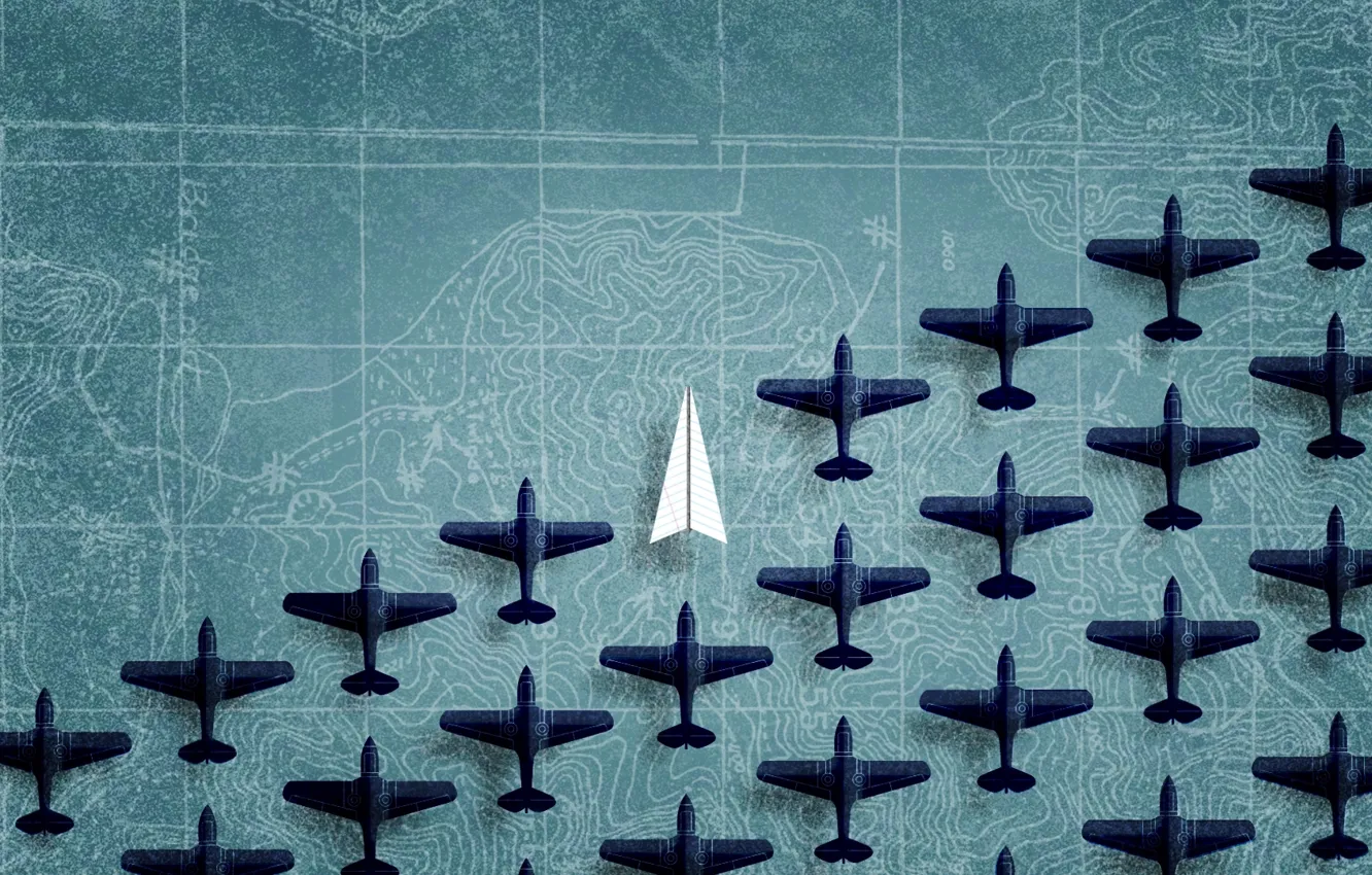 Photo wallpaper map, aircraft, figures, paper