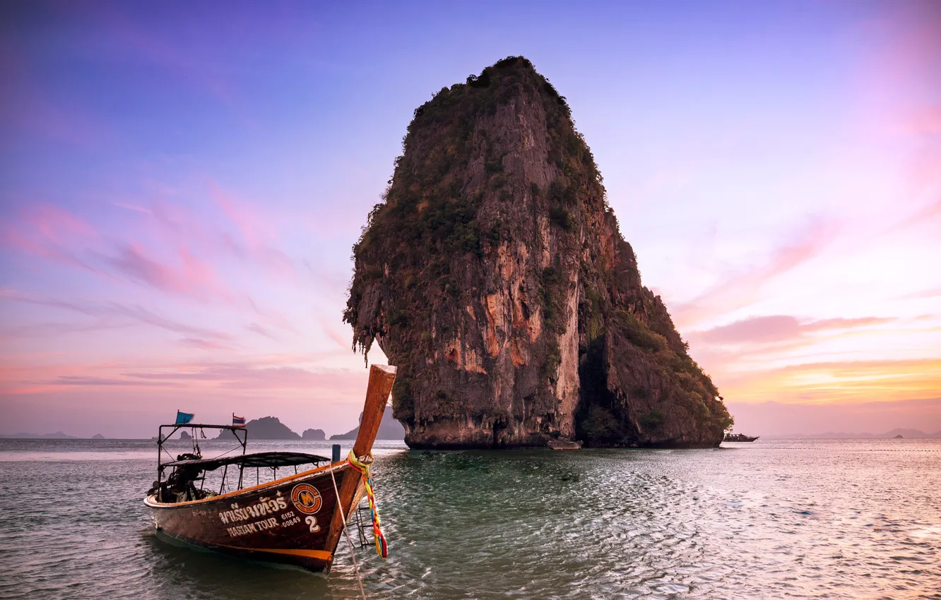 Photo wallpaper sea, the sky, sunset, rock, boat, Thailand, Railay