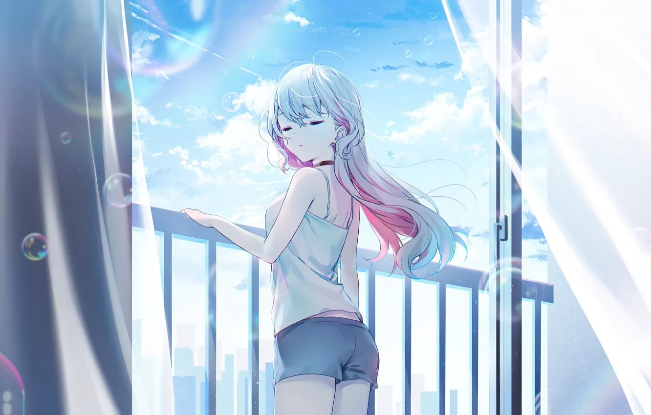 Photo wallpaper the sky, bubbles, girl, curtains, tulle, Virtual youtuber, Yui Musubime