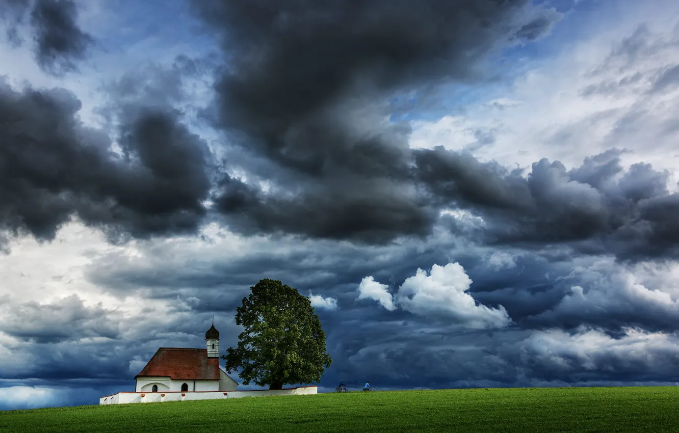 Photo wallpaper the storm, field, the sky, clouds, trees, clouds, Germany, Church