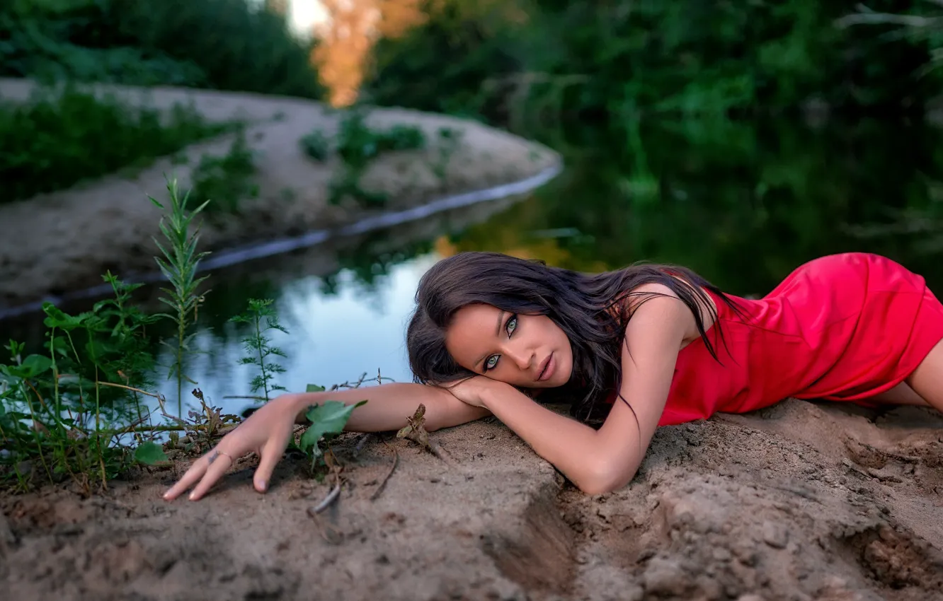Photo wallpaper look, girl, nature, face, pose, river, hands, brunette