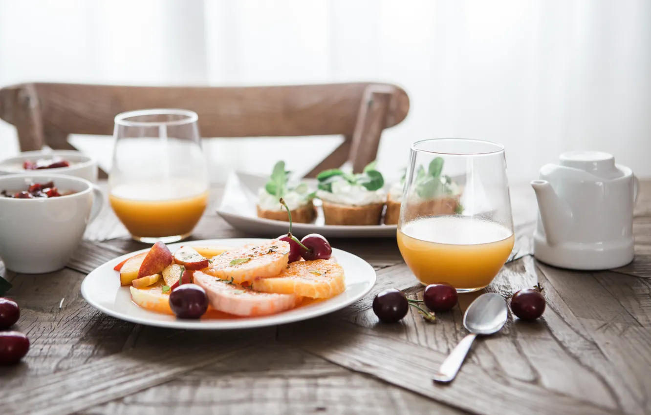 Photo wallpaper Glass, Fruit, Spoon, Cherry, Food, Breakfast, Juice
