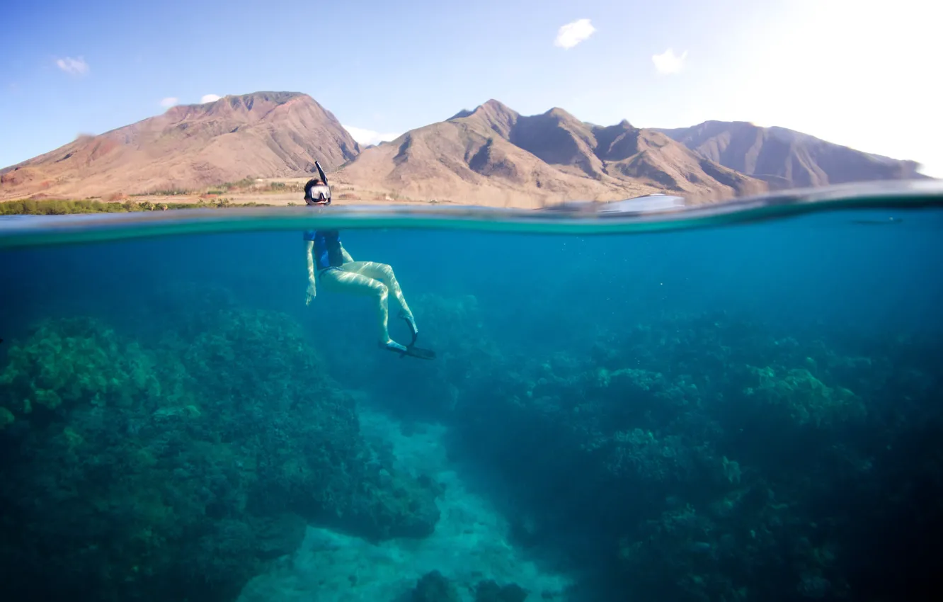 Photo wallpaper summer, the sky, the sun, clouds, surface, mountains, the diver, the bottom of the sea