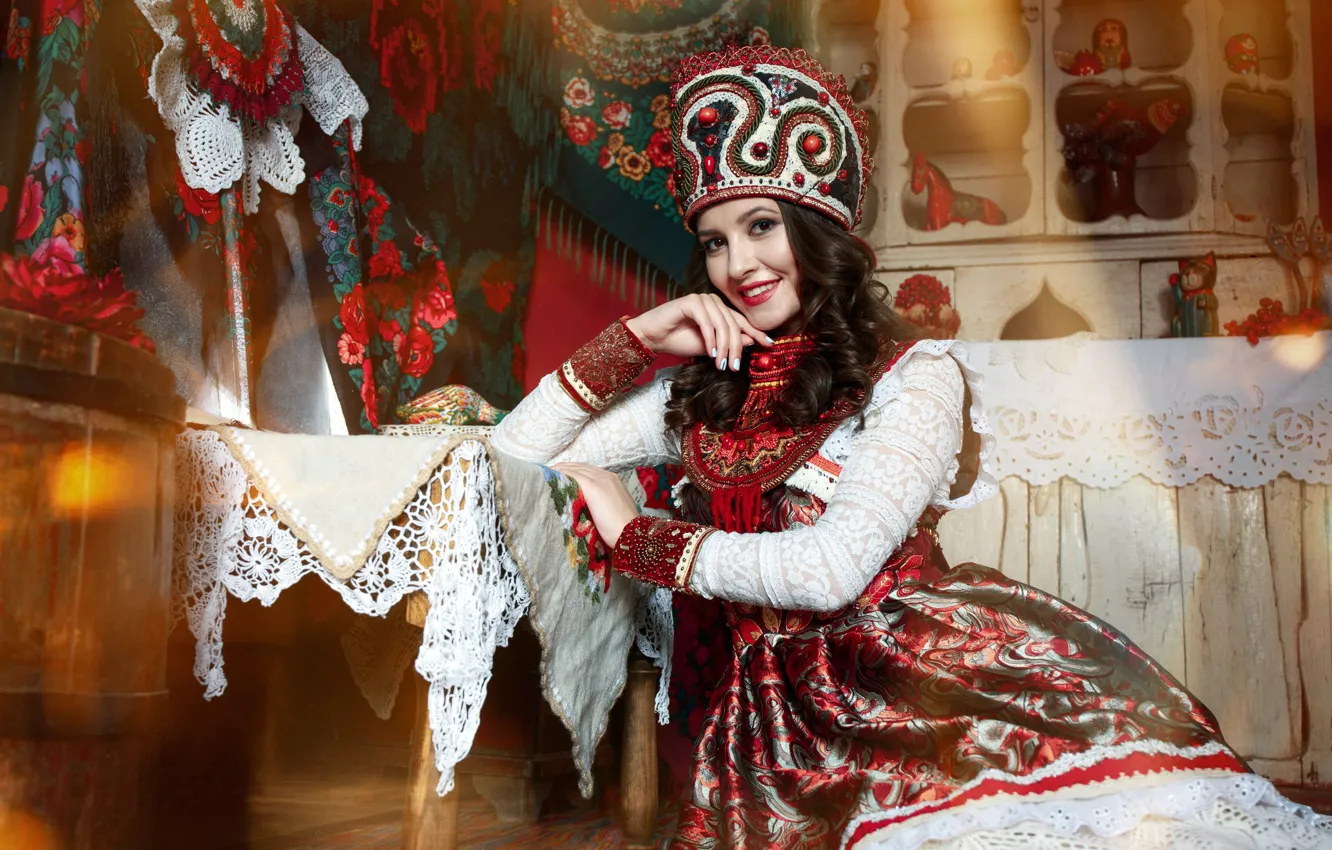 Photo wallpaper girl, pose, smile, style, outfit, sundress, kokoshnik, Anastasia Golubeva