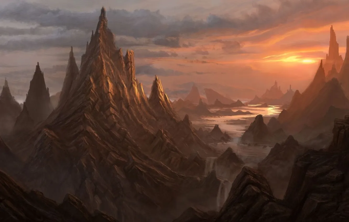 Photo wallpaper clouds, landscape, sunset, mountains, clouds, waterfall, art, peak