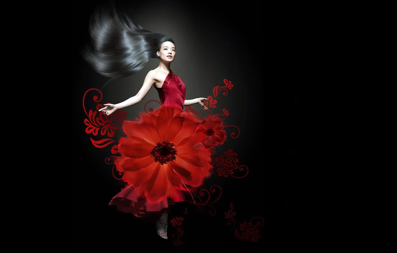Photo wallpaper flower, red, background, black, dress, brunette, Asian