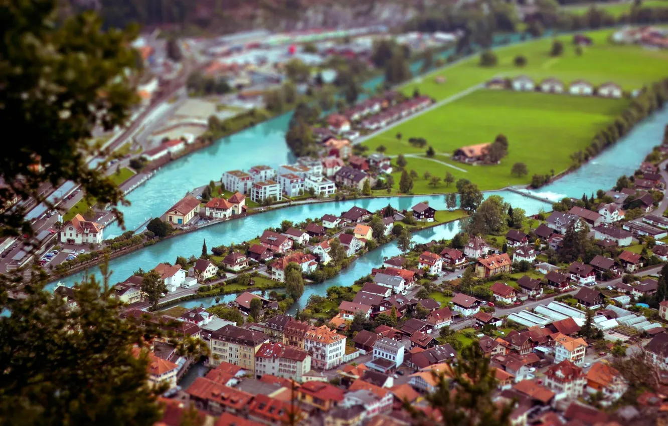 Photo wallpaper The city, Day, Building, River, The view from the top, Effect, Tilt–shift