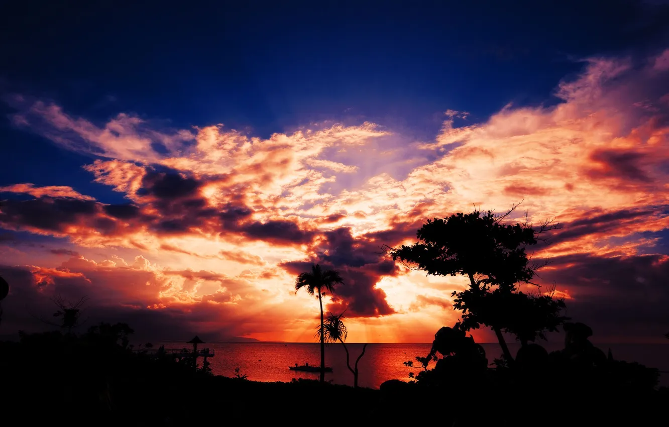 Photo wallpaper sea, the sky, clouds, sunset, palm trees, the ocean, HDR, beauty