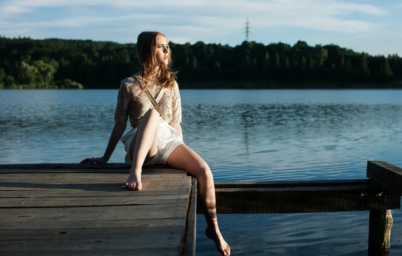 Photo wallpaper sunset, lake, feet, blonde, looks